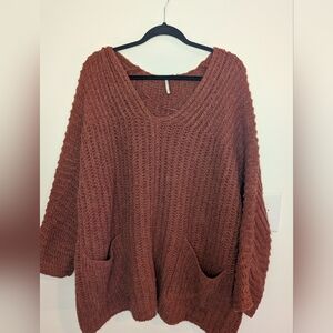 Free People Rust V-Neck Oversized Sweater